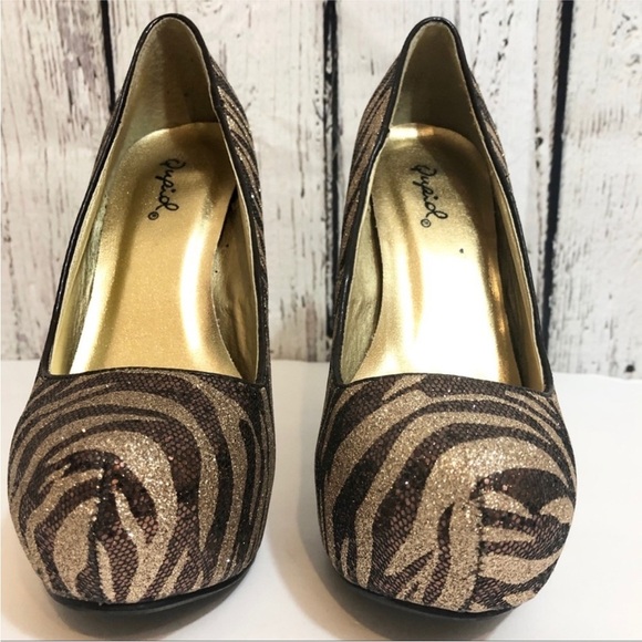 QUPID Brown/ Gold Zebra Print Rhinestone Platform Stiletto Heels Size 8 - Picture 6 of 14